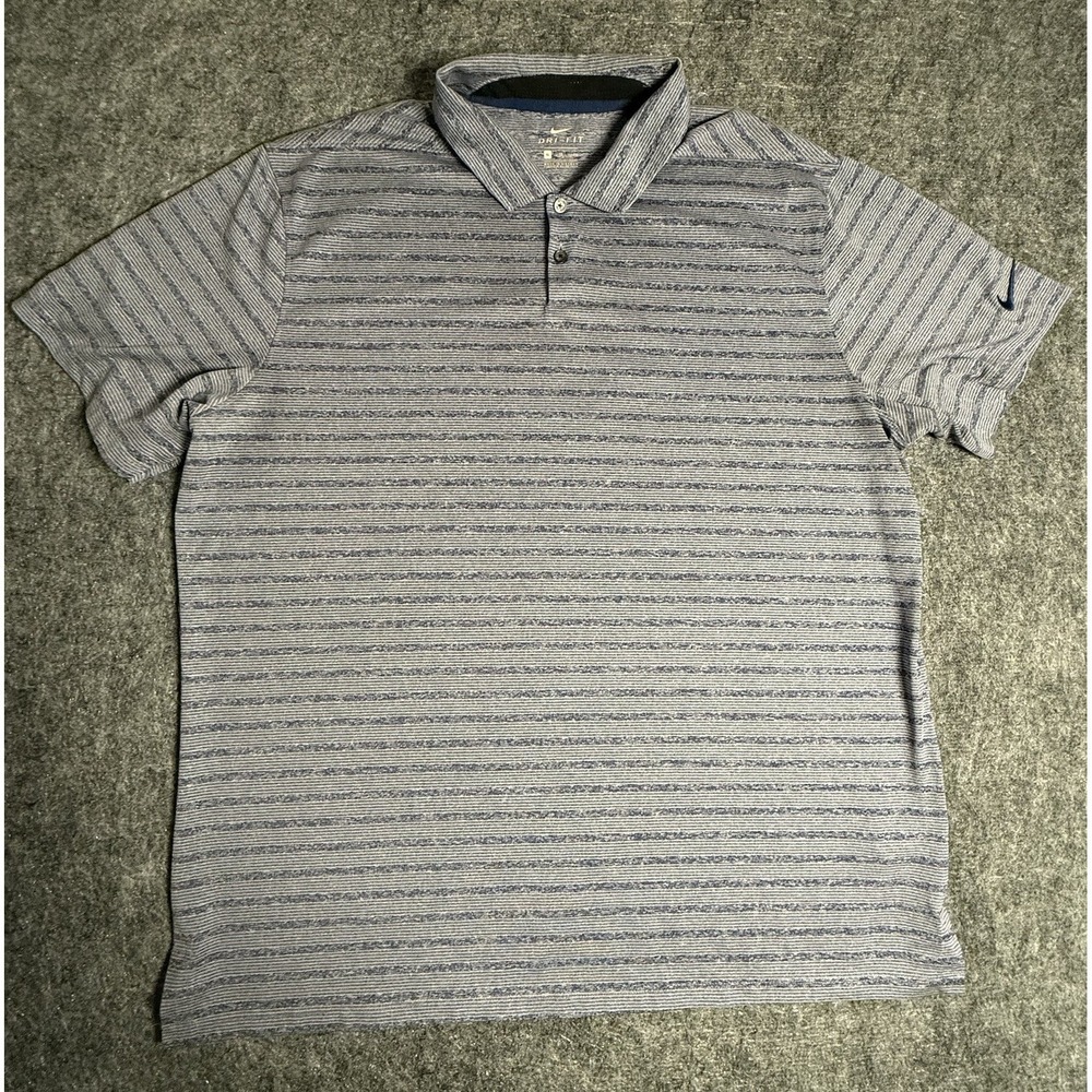 Nike Dri Fit Polo Shirt Mens XL Blue Gray Stripe Golf Athletic Stretch